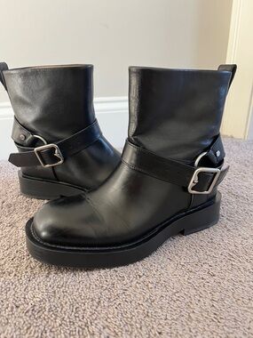 Black Leather Ankle Booties with Buckle Strap
